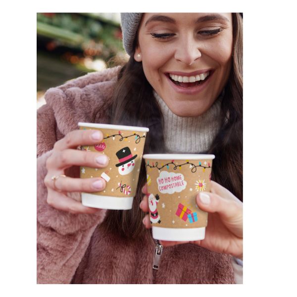 12oz Kraft Christmas Festive Double Wall Takeaway Hot Cups x 100