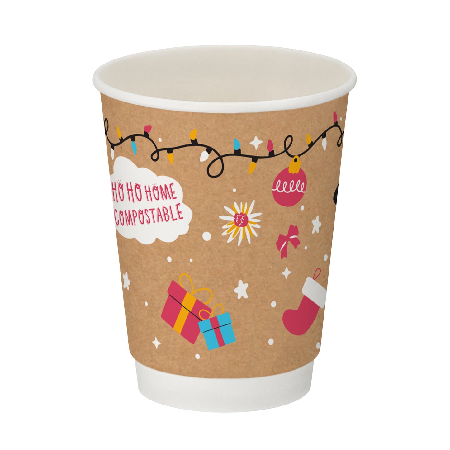 12oz Kraft Christmas Festive Double Wall Takeaway Hot Cups x 100