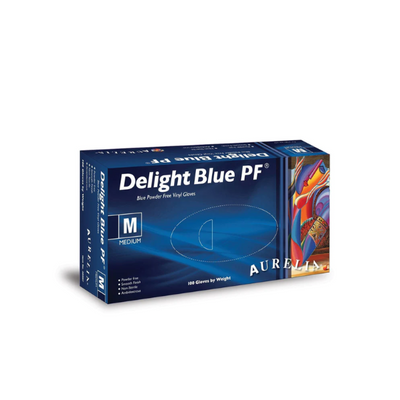 Aurelia Delight Blue PF vinyl powder free examination gloves box of 100