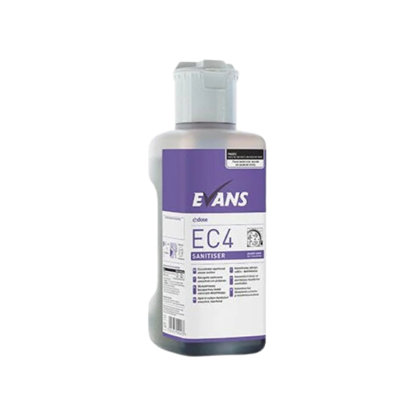 Evans EC4 1L Super Concentrate Sanitiser - Bactericidal and Virucidal Multi-Surface Cleaner for Food Prep and Healthcare. Makes up to 100 Sprays.