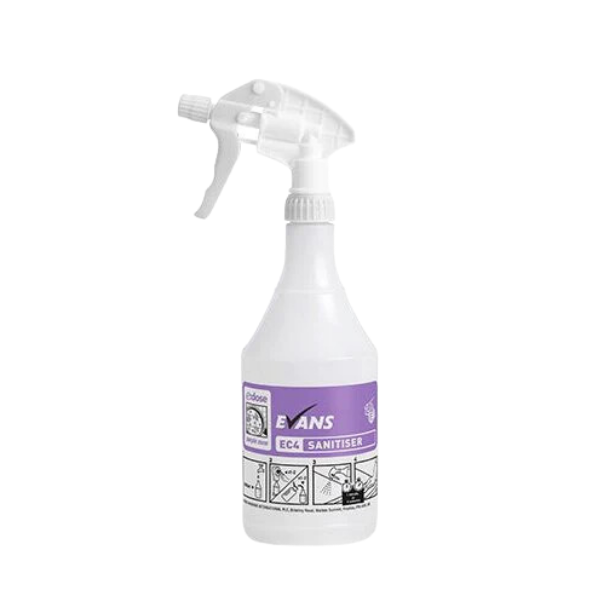 Evans EC4 750ml Empty Sanitiser Trigger Spray Bottle - Screen-Printed for EC4 Super Concentrate. Ideal for Food Prep Areas and Virucidal Disinfection.