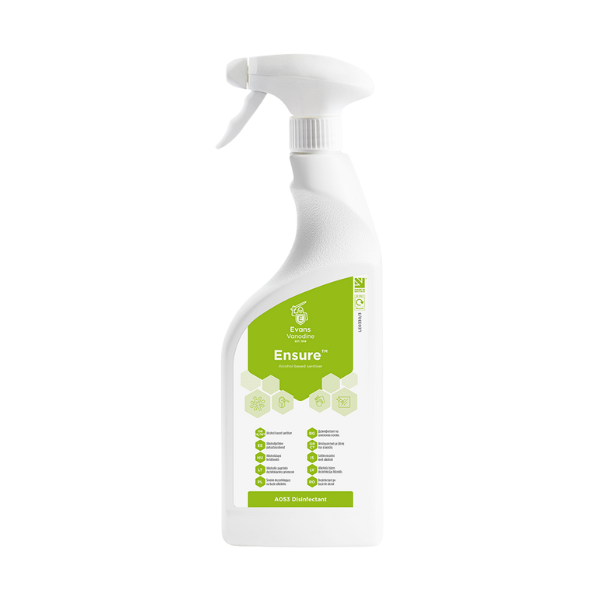 Evans Ensure 750ml Alcohol Surface Sanitiser - 70% Ethyl Alcohol Spray for Food Prep Areas, Lab Benches, and Rapid Disinfection.