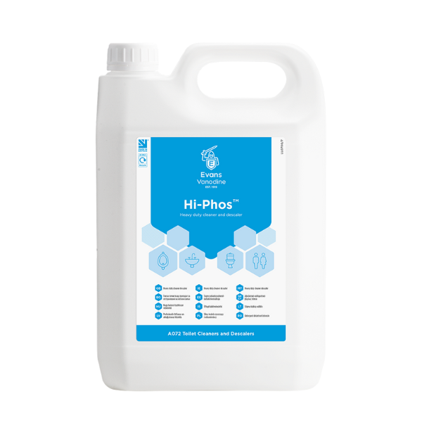 Evans Hi-Phos 5L Heavy Duty Washroom Cleaner - Phosphoric Acid Descaler for Removing Limescale and Heavy Soilage from Toilets and Urinals.