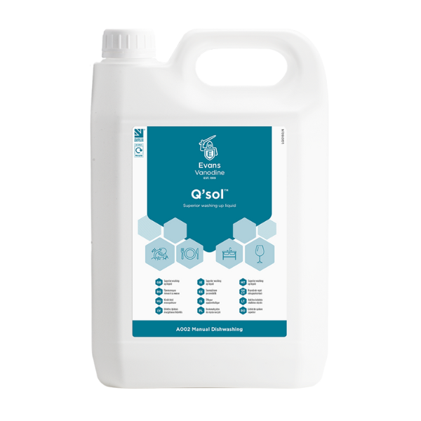 Evans Q'sol 5L Superior Washing Up Liquid - High-Active Concentrated Dishwashing Detergent for Commercial Kitchens and Glassware.