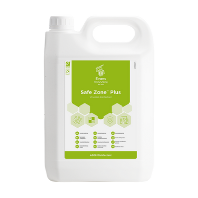 Evans Safe Zone Plus 5L Virucidal Disinfectant - EN 14476 Certified Virus Killer for Schools, Care Homes, and Healthcare Infection Control.