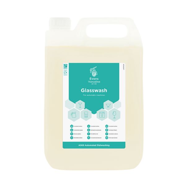 Evans Vanodine standard automatic glasswash detergent 5ltr for commercial hospitality use, CHSA accredited and ISO 9001 quality assured by Vertella.