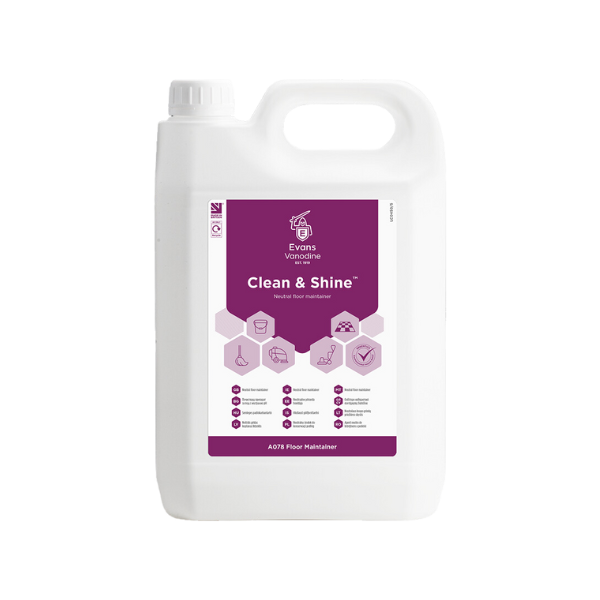 Evans Vanodine Clean & Shine 5L floor maintainer, opaque pink liquid with floral fragrance, pH 9.0, removes scuff marks and restores gloss on polished floors, slip-resistant finish, Polyflor approved, supplied by Vertella Lancaster.