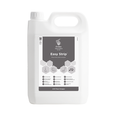 Evans Vanodine Easy Strip 5L floor polish stripper, clear colourless liquid with pH 12.0, removes stubborn emulsion polish without the need for neutralising, approved for Polyflor flooring, supplied by Vertella Lancaster.