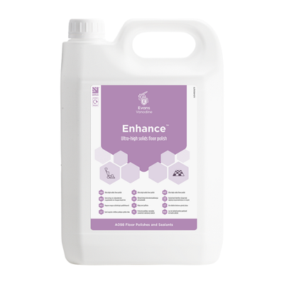 Evans Vanodine Enhance 5L ultra high solids floor polish, 25% solids metallised emulsion, pH 8.6, provides an extra durable wet-look slip-resistant finish, Polyflor approved for prestigious high-traffic areas, supplied by Vertella Lancaster.