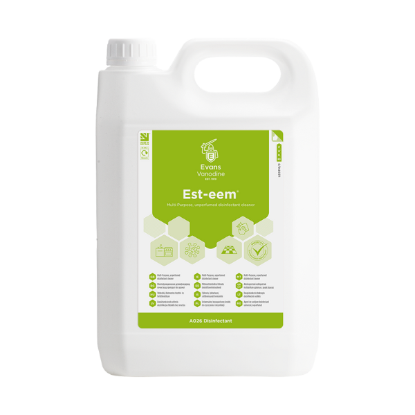 Evans Vanodine Est-eem 5L concentrated disinfectant cleaner, kills Coronavirus (EN 14476) and bacteria (EN 1276), makes 167 trigger sprays, supplied by Vertella Lancaster.