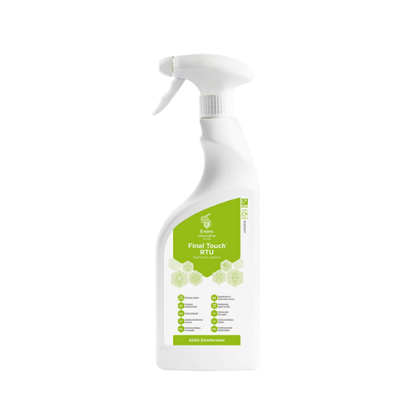 Evans Vanodine Final Touch 750ml ready-to-use bactericidal washroom sanitiser, kills MRSA and Legionella, EN 1276 compliant and ISO 9001 certified by Vertella.