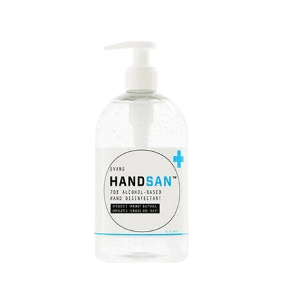 Evans Vanodine Handsan 500ml alcohol hand gel, 70% ethanol with glycerin moisturiser, passes EN 14476, EN 1276 and EN 1500, virucidal and bactericidal, supplied by Vertella Lancaster.
