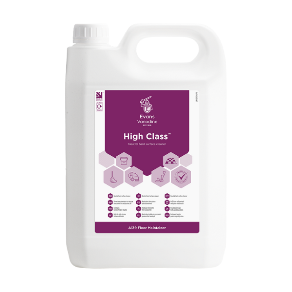 Evans Vanodine High Class 5L neutral hard surface cleaner, clear orange liquid with fresh tangerine fragrance, pH 7.5, approved for ALTRO and POLYFLOR floors, cleans without dulling gloss, supplied by Vertella Lancaster.