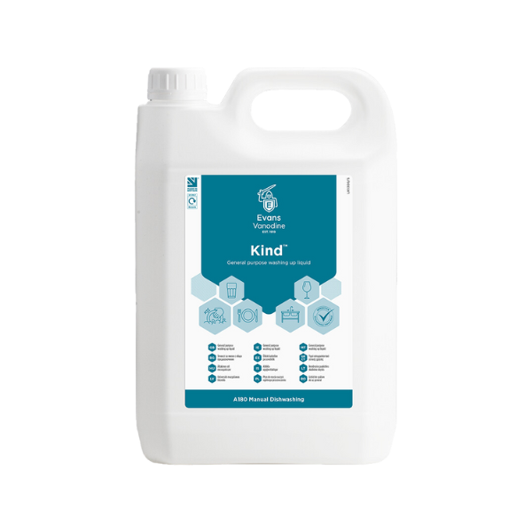 Evans Vanodine Kind 5L general purpose washing up liquid, pH 7.0 neutral, GreenTick low environmental impact rated, suitable for catering and vehicle cleaning, supplied by Vertella Lancaster.