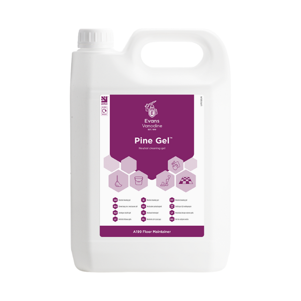 Evans Vanodine Pine Gel 5L neutral cleaning gel, green viscous gel with fresh pine fragrance, pH 8.2 safe for marble and vinyl, buffs to a high-gloss slip-retardant finish, supplied by Vertella Lancaster.