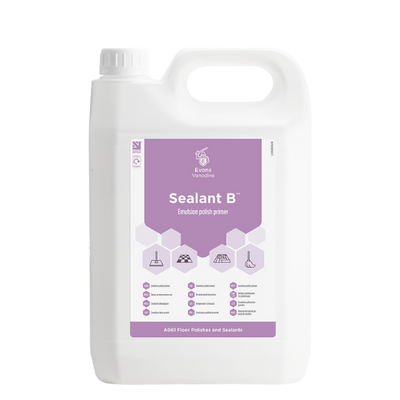 Evans Vanodine Sealant B 5L emulsion polish primer, opaque white acrylic liquid, pH 7.6, penetrates and seals porous floors like terrazzo and marble, covers up to 500sqm, provides a solid base for floor polish, supplied by Vertella Lancaster.