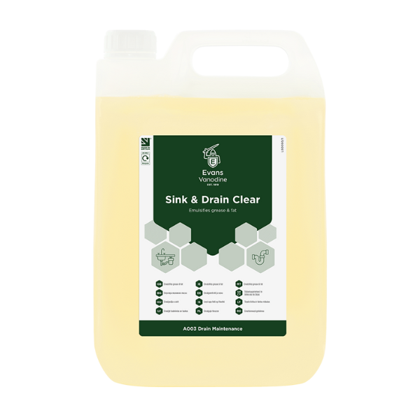 Evans Vanodine Sink and Drain Clear 5ltr, unperfumed alkaline grease and fat emulsifier for commercial kitchens, pH 13.7, ISO 9001 quality assured by Vertella Lancaster.