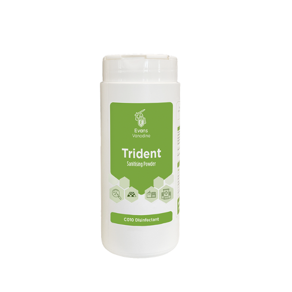 Evans Vanodine Trident Blue 500g sanitising powder, 10,000ppm available chlorine, EN 1276 compliant, removes tannin and mould by Vertella Lancaster.