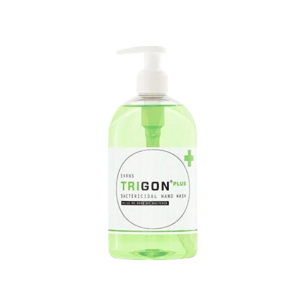Evans Vanodine Trigon Plus 500ml pump dispenser bottle, bactericidal hand wash killing 99.999% of bacteria, passes EN 1499, EN 1276 and EN 13727, unperfumed and food safe, supplied by Vertella Lancaster.