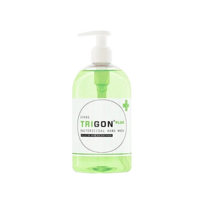 Evans Vanodine Trigon Plus 500ml pump dispenser bottle, bactericidal hand wash killing 99.999% of bacteria, passes EN 1499, EN 1276 and EN 13727, unperfumed and food safe, supplied by Vertella Lancaster.