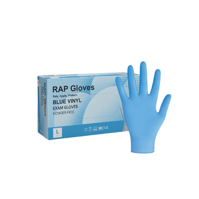 RAP blue vinyl powder free disposable gloves box of 100 suitable for food handling, cleaning, janitorial, healthcare and general workplace hygiene use