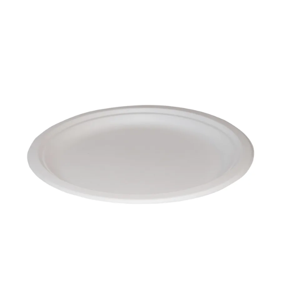 10 inch heavy-duty white bagasse paper plates, made from recycled sugarcane fiber, compostable and biodegradable, rigid grease-resistant 26cm plates for hot and cold food, pack of 500, supplied by Vertella Lancaster.
