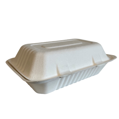 9 x 6 inch large bagasse hinged meal boxes, white compostable sugarcane fiber food containers, 23cm x 15cm x 7.5cm, breathable and oil-resistant clamshell for hot takeaway meals, pack of 250, supplied by Vertella Lancaster.