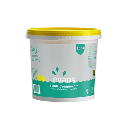 1066 Conqueror non-PDCB deodorant toilet blocks 3kg tub for commercial washroom odor control, HSE compliant and ISO 14001 approved by Vertella.