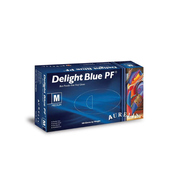 Aurelia Delight Blue PF vinyl powder free examination gloves box of 100