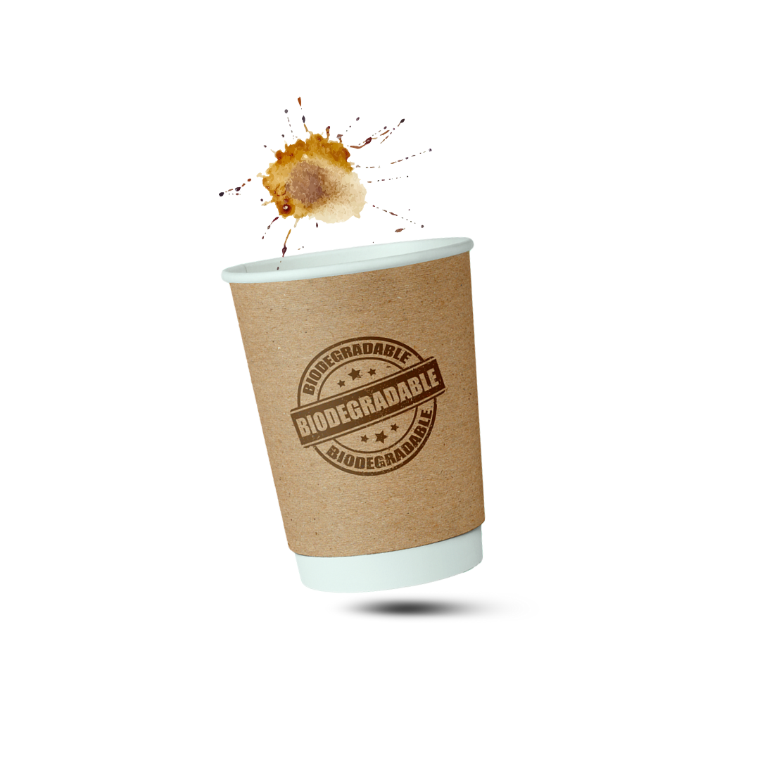 Biodegradable paper cup with a splash of coffee on a white background