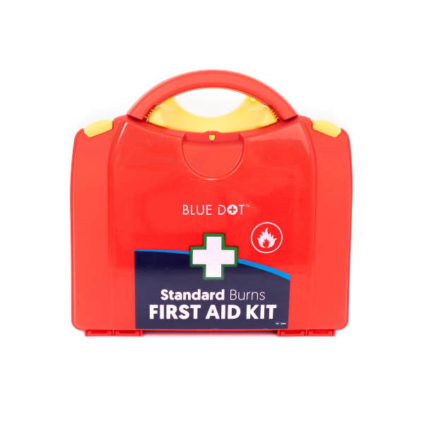 Blue Dot standard burns first aid kit in red PGB box for workplace and catering burn treatment