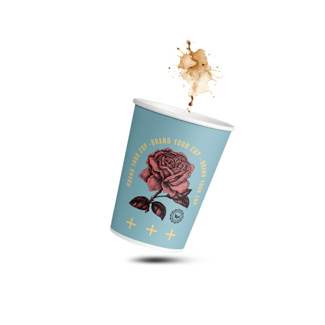 Paper cup with a rose design on a light blue background