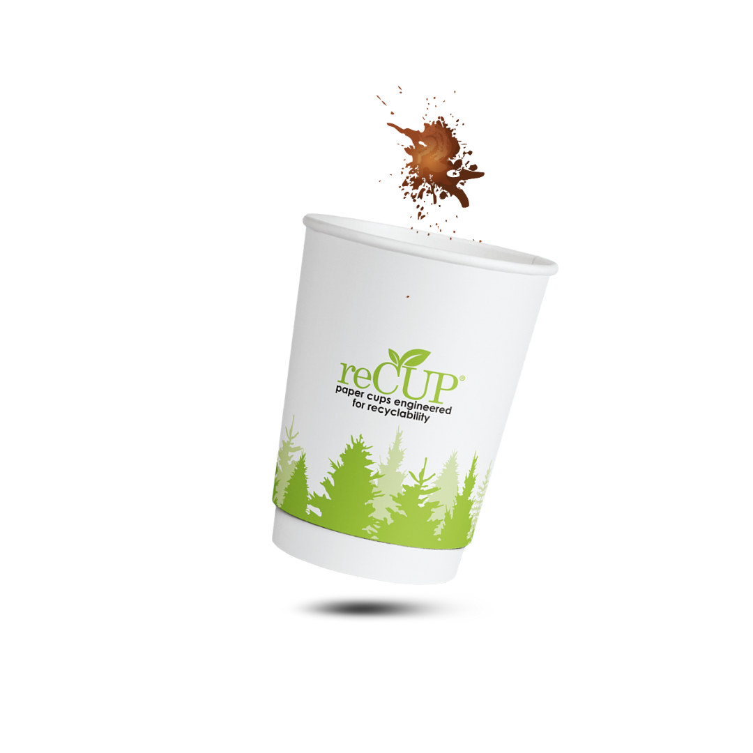 Paper cup with 'reCUP' branding and a forest design on a white background