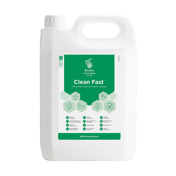 Evans Clean Fast 5L Heavy Duty Washroom Cleaner - Powerful Acidic Descaler for Removing Limescale and Soap Scum from Showers, Tiles, and Sinks.