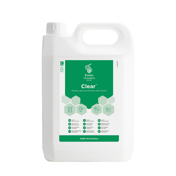 Evans Clear 5L Bulk Refill - Alcohol-Based Non-Smear Glass Cleaner for Windows, Mirrors, and Polished Stainless Steel. Quick-Drying Formula.