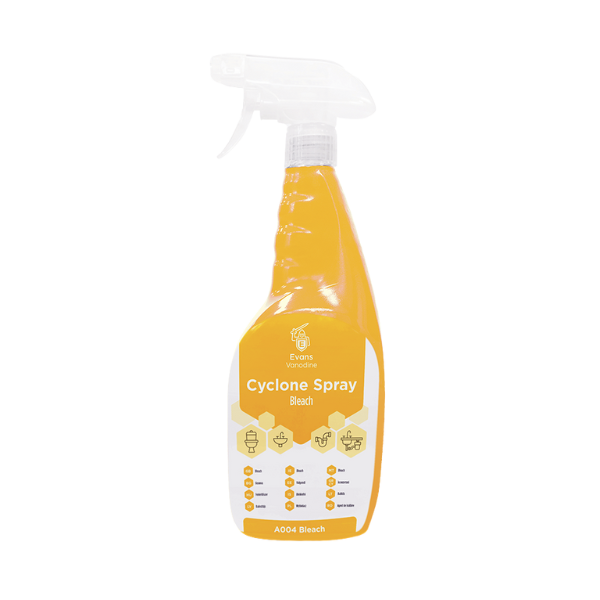 Evans Cyclone 750ml Spray with Bleach - Heavy-Duty Multi-Surface Cleaner for Mould, Mildew, and Stubborn Stains in Washrooms and Kitchens.