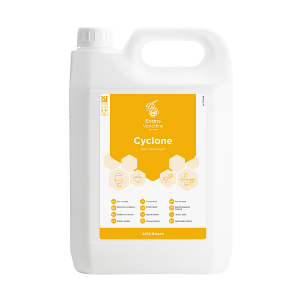 Evans Cyclone 5L Extra Thick Bleach - Industrial Strength Sodium Hypochlorite Disinfectant for Toilets, Drains, and Sinks. High-Viscosity Formula.