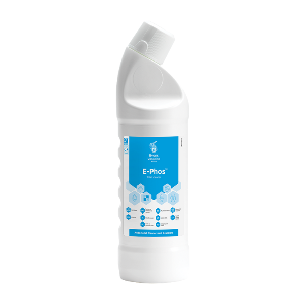 Evans E-Phos 1L Super Concentrate Washroom Cleaner - Bactericidal Acidic Descaler with Fresh Fragrance for Toilets and Urinals.