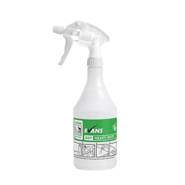 Evans EC7 750ml Empty Heavy-Duty Trigger Spray Bottle - Screen-Printed for EC7 Degreaser Super Concentrate. Durable Ergonomic Design for Kitchen and Industrial Use.