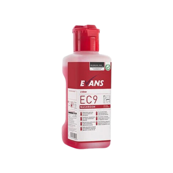 Evans EC9 Washroom 1L Super Concentrate - Bactericidal and Virucidal Cleaner/Descaler with Dosing Cap. Makes 100 Sprays. GreenTick Rated.