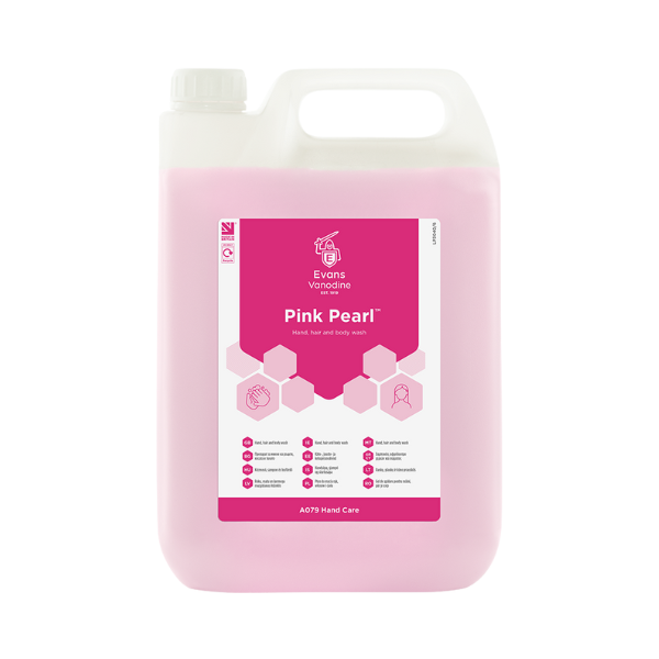 Evans Pink Pearl 5L Luxury Pearlised Hand Hair and Body Wash - pH Neutral Multi-Purpose Soap for Hotels, Gyms, and Leisure Centers.