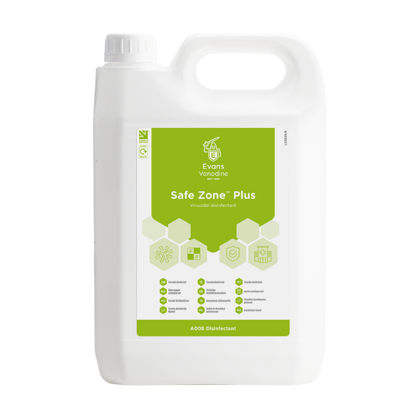 Evans Safe Zone Plus 5L Virucidal Disinfectant - EN 14476 Certified Virus Killer for Schools, Care Homes, and Healthcare Infection Control.
