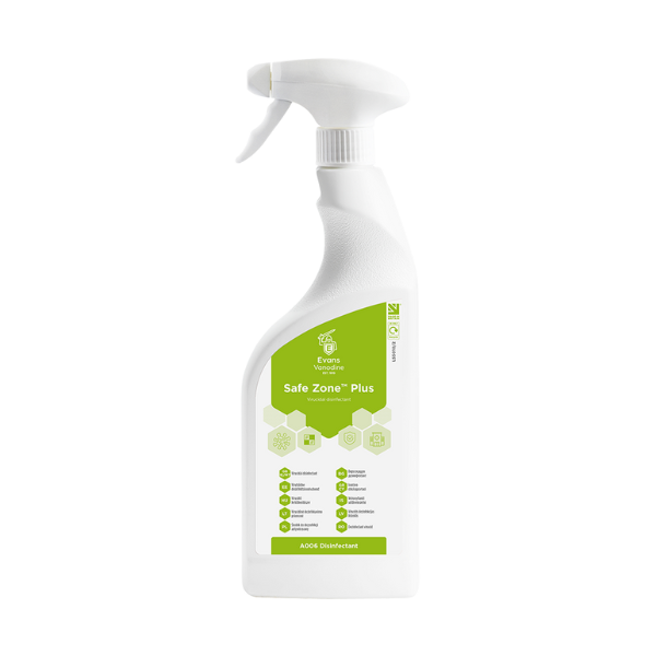 Evans Safe Zone Plus 750ml Ready-to-Use Virucidal Disinfectant - Certified Against Norovirus, HIV, and Hepatitis. Non-Perfumed and Food Safe.