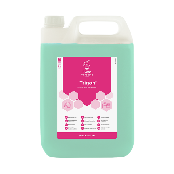 Evans Trigon Unperfumed Hand Wash 5L - Vegan Society Certified and GreenTick Rated Liquid Soap for Food Preparation Areas and Healthcare.