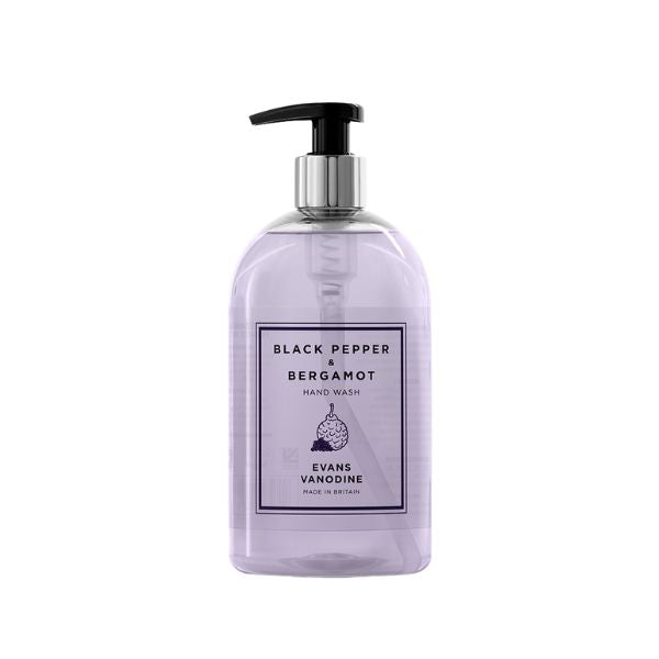 Evans Vanodine Black Pepper & Bergamot 500ml hand wash pump, clear pale purple liquid with cardamon and patchouli notes, neutral pH 5.5, Vegan Society certified, supplied by Vertella Lancaster.
