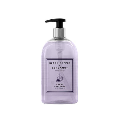 Evans Vanodine Black Pepper & Bergamot 500ml hand wash pump, clear pale purple liquid with cardamon and patchouli notes, neutral pH 5.5, Vegan Society certified, supplied by Vertella Lancaster.