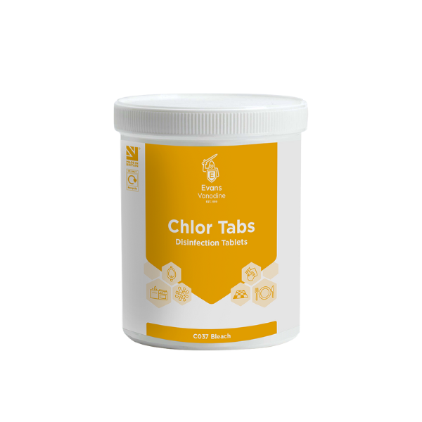 Evans Vanodine Chlor Tabs x 200 - Effervescent Chlorine Disinfectant Tablets for Professional Kitchens and Healthcare Sanitizing