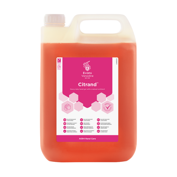 Evans Vanodine Citrand 5L heavy duty hand gel with pumice, solvent-free and neutral pH 7.0, contains glycerine for skin protection, suitable for garages and engineering workshops, supplied by Vertella Lancaster.