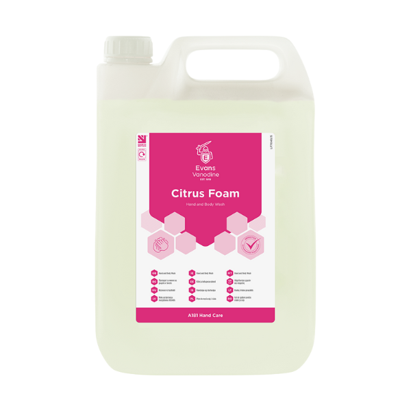 Evans Vanodine Citrus Foam 5L luxury hand and body wash bulk refill, invigorating fruity fragrance with glycerine moisturiser, over 8,000 pumps per 5L bottle, GreenTick and Vegan Society certified, supplied by Vertella Lancaster.