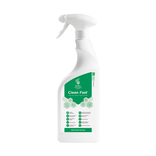 Evans Vanodine Clean Fast 750ml heavy duty foaming washroom cleaner, kills Legionella, EN 1276 compliant, Altro flooring approved, ISO 9001 certified by Vertella.
